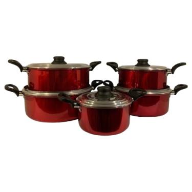 Imagem de Conjunto de Panelas em Alumínio, 5 Peças, Vermelho, Caçarolas com Tampa de Alumínio
