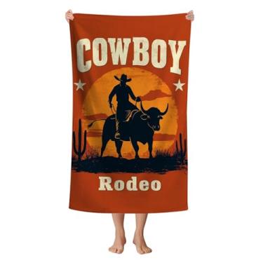 Imagem de WZOMT Toalha de praia caubói ocidental engraçado laranja rodeio cowboys montando uma vaca touro toalha de banho para crianças adultos, microfibra secagem rápida macio à prova de areia toalhas de