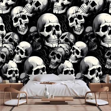 Imagem de Lcythiazole Papel de parede de caveira de tamanho personalizável em preto e branco fundo preto crânio branco papel de parede 3D para sala de estar, quarto, restaurante