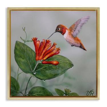 Imagem de Stupell Industries Design de arte de parede em tela emoldurada beija-flor vermelha e flor dourada por Valerie Rogers, 45,7 x 45,7 cm