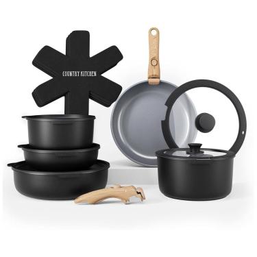 Imagem de Jogo de Panelas e Frigideiras, Material em Alumínio com 16 Peças e Cabo de Madeira Removível, Country Kitchen, Preto e Cinza