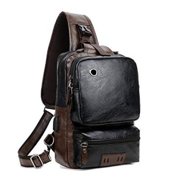 Imagem de Mochila masculina vintage de couro PU transversal com alça transversal grande capacidade casual com carregamento USB, Largeblack, Black-Large