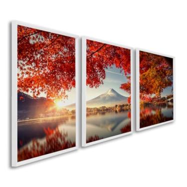 Imagem de Quadro Decorativo Triplo Paisagem de Montanhas com Flores Vermelhas Beleza e Harmonia em 3 Telas (Branco, 60x90, S/Vidro)