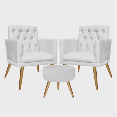 Imagem de Kit 2 Poltronas e Puff Redondo Maria Capitonê Pé Palito Corino Branco - Ahz Móveis