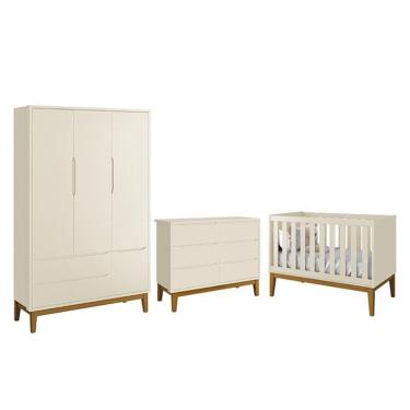 Imagem de Dormitório Completo Infantil Classic 3 Portas, Cômoda 6 Gavetas e Berço com Pés Amadeirado - Reller Móveis Areia Fosco
