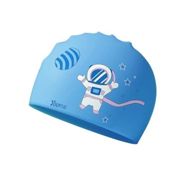 Imagem de TFJH E 1 pacote com 1 touca de natação de silicone impermeável para meninos chapéus de banho confortáveis azul Spaceman