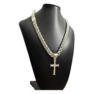 Imagem de Cordão Friso Triplo 12Mm Ping Crucifixo Banhado Prata 925 - Tojoia18K