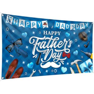 Imagem de Banner Feliz Dia dos Pais, Decoracion Del Dia Del Padre, Banner de fundo com tema de terno azul 188 x 109 cm, tamanho grande, decoração de parede para decoração de festa do dia dos pais suprimentos de