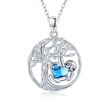 Imagem de Colar de árvore da vida preguiça para o dia das mães prata esterlina 925 preguiça árvore da vida colar pingente de cristal azul joia animal fofo dia das mães aniversário presente de formatura para mãe