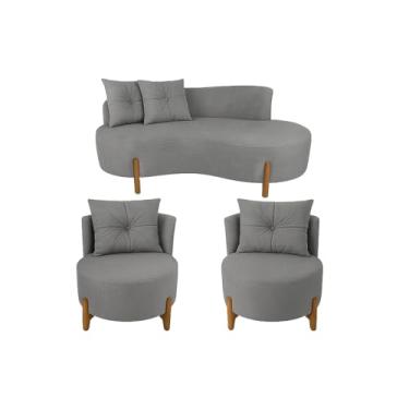 Imagem de Conjunto 2 Poltronas + Sofá Curvo Orgânico Boucle Cinza - Montanaris Decor