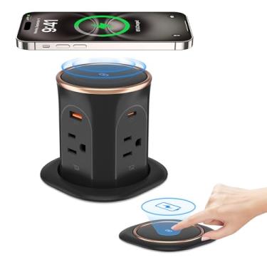 Imagem de ANNQUAN Receptáculo de bancada pop-up motorizado com carregador sem fio de 15 W, entrega máxima de energia de 20 W, saída pop-up automática de 8 cm, 4 tomadas, 4 cabos USB de 3 m
