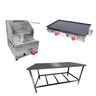 Imagem de Kit Lanchonete Mesa De Manipulação 120x55cm + Fritadeira A Gás 1 Cuba + Chapa A Gás 60cm Alcamar
