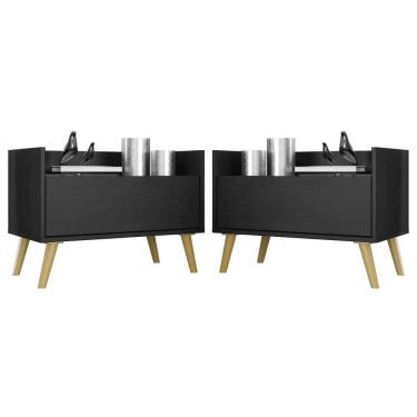 Imagem de Kit Com 2 Mesas De Cabeceira 60Cm Retrô Multimóveis V3633 Preta/Natural Preto/Natural