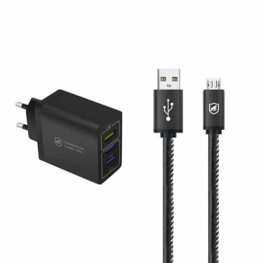 Imagem de Kit Carregador Turbo Triplo E Cabo Turbo Militar Micro Usb V8 - Gshield