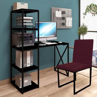 Imagem de Kit Mesa Max Bex 5 Prateleiras E Cadeira Stan Preto Tampo Preto Suede Bordô