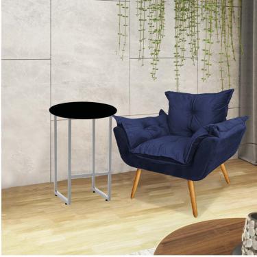 Imagem de Kit Poltrona Opala Com Mesa Will Ferro Prata Tampo Redondo Preto Corino Azul Marinho - Amey Decor