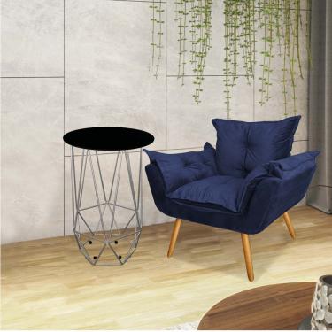 Imagem de Kit Poltrona Opala Com Mesa Ferro Prata Tampo Redondo Preto Sintético Azul Marinho