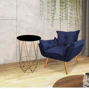 Imagem de Kit Poltrona Opala Com Mesa Ferro Dourado Tampo Redondo Preto Corino Azul Marinho