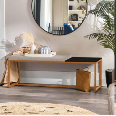 Imagem de Banco Recamier Puff 195cm Industrial Bronze Sintético Bege Tampo Quadrado Mdf Preto