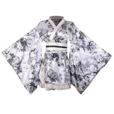 Imagem de Quimono feminino curto sexy fantasia adulta estampa de gueixa japonesa vestido de festa de Halloween vestido chique com cinto, nº 97, branco, G