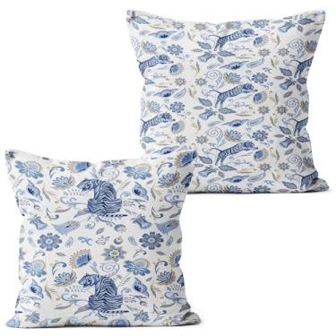 Imagem de QGFM Boho Chinoiserie Capas de almofada de tigre floral azul 45,7 x 45,7 cm, decoração de quarto floral, vintage, flores azuis, tigre, para sofá, cama, decoração de quarto, conjunto de 2