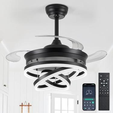 Imagem de Oiotwo Ventiladores De Teto Retráteis 42" Com Luzes, Ventilador Controle Remoto/Aplicativo, Fandelier Moderno 6 Velocidades, Led Regulável, Lustre 3 Circuitos Para Quarto, Sala Estar E Jantar, Preto