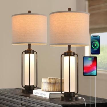 Imagem de Terpsichore Luminárias De Fazenda Para Sala Estar, Mesa Cabeceira Vintage, Conjunto Abajur Rústico Com 2 Interruptores Basculantes E Portas Carregamento Usb A+C, Tomada Ca, Luz Noturna Embutida Vidr