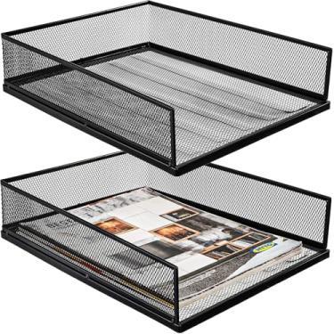 Imagem de YOUEON Pacote com 2 bandejas de malha de arame 32,5 x 25,4 x 7,4 cm, organizador de bandeja de papel empilhável para mesa, suporte de arquivo de revista de mesa de metal para casa, escritório, escola