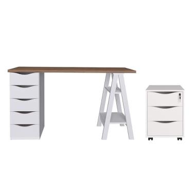 Imagem de Conjunto Escrivaninha E Gaveteiro Leverkusen Nogal Branco