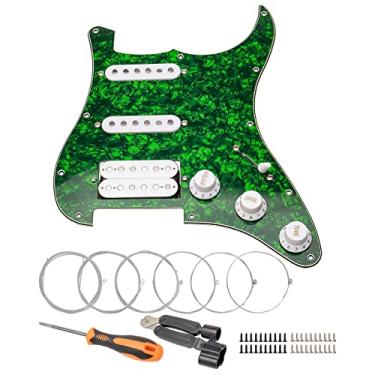 Imagem de Unxuey Escudo de guitarra carregado com 11 furos SSH com captador branco Humbucker conjunto de placas de raspar pré-cabeadas para Fender Stratorcast, pérola verde de 4 camadas, com cordas de guitarra e ferramenta de instalação