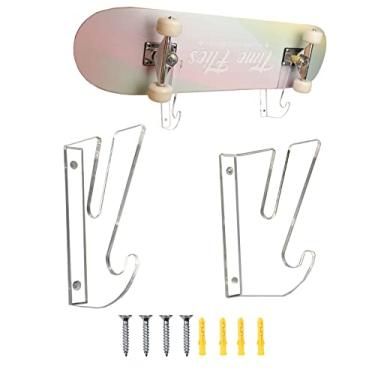 Imagem de WANLIAN Suporte de exibição de parede para skate, suporte horizontal para skate com ganchos para snowboard, longboard, armazenamento de skate, economia de espaço na parede (transparente, 1 pacote)