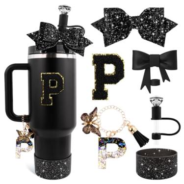 Imagem de Lingdeer Conjunto de acessórios de copo preto para Stanley 850 g e copo de 1,134 g com alça, pingentes de letras, capas de canudo de arco e diamante, bota de silicone com glitter, adesivo