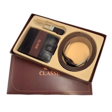 Imagem de Kit Classe Couro Carteira Cinto Chaveiro Social Botão 173-1 Marrom Café-Masculino