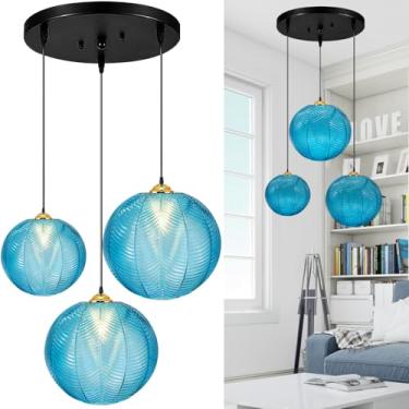 Imagem de GCQ Luminária Pendente Grande De Vidro 3 Em 1, Lustre Azul E26 E27, Estilo Globo Soprado, Moderno Meados Do Século, Com Nervuras, Para Teto Suspenso, Sala Estar, Restaurante E Bar