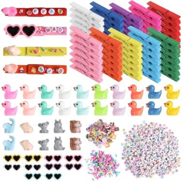 Imagem de Conjunto de clipes espirituais de 510 peças, clipes de torcida DIY para mochila, inclui 60 clipes de madeira coloridos, 400 contas de letras, fatias de bolo e doces, estatuetas de animais para