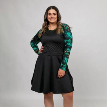 Imagem de Maiô Vestido Plus Size Feminino Manga Longa Raglan Estampado + Short S