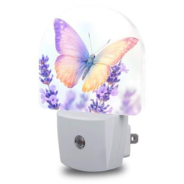 Imagem de FOISIIAEA Luzes Noturnas Com Encaixe Na Parede, Borboleta, Flor De Lavanda, Luz Decorativa Do Anoitecer Ao Amanhecer, Sensor Inteligente, Lâmpada Led Redonda Para Quarto, Cozinha, Corredor, Noturna