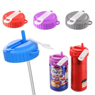 Imagem de Pacote com 4 tampas de lata de refrigerante com canudos, capas de silicone reutilizáveis para refrigerante, proteção de tampas de lata para bebidas enlatadas universais de 5 cm, vedação hermética à