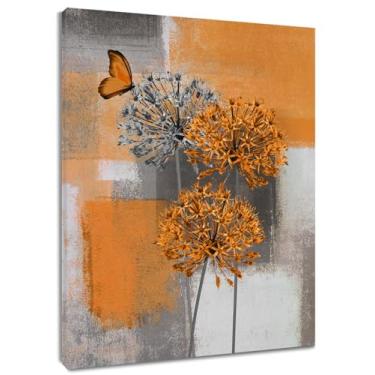Imagem de HVEST Arte de parede em tela de borboleta floral laranja laranja preto e branco moderno padrão geométrico abstrato decoração de parede de banheiro, arte de parede dente-de-leão para sala de estar