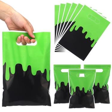 Imagem de Yexiya 50 peças de saco de lembrancinhas de festa com tema de fantasma com alça verde e preto sacos de brindes de plástico para meninos meninas crianças aniversário chá de bebê suprimentos de