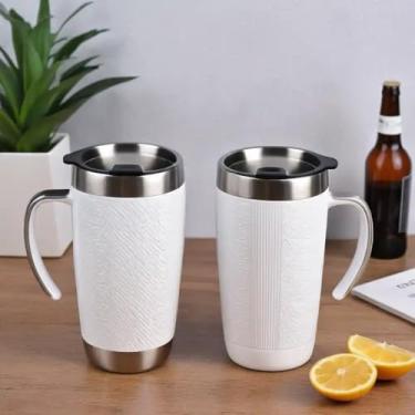 Imagem de Caneca Térmica Parede Dupla em Aço Inox Branca 1000ml com Tampa Rosqueável - Estilo Texturizado