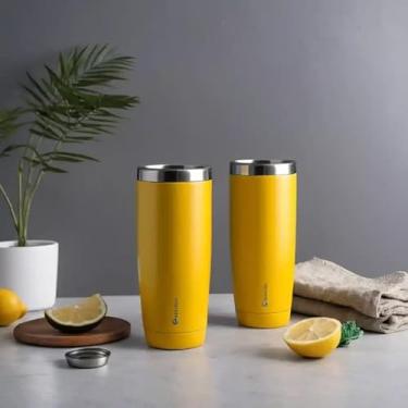 Imagem de Copo Térmico Parede Dupla em Aço Inox Amarela 500ml com Base Antiderrapante - Estilo Texturizado