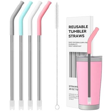 Imagem de Soledea Pacote com 4 canudos de metal retos de 590 ml com ponta de silicone para copo de 590 ml, canudo de metal reutilizável de aço inoxidável para YETI, STANLEY, US Acrylio, BJPKPK, Simple Modern e