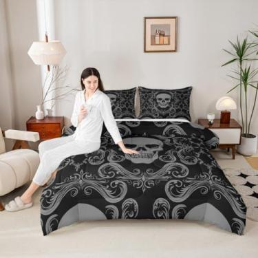 Imagem de Feelyou Conjunto de edredom damasco para crianças, meninos, meninas, Queen, crânio de açúcar, decoração boêmia de esqueleto de osso gótico, edredom floral vintage gótico, decoração de quarto barroco
