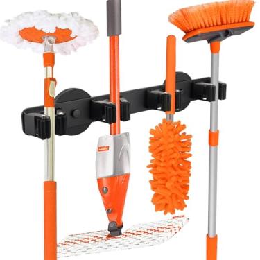 Imagem de UNUSFIRE Suporte de vassoura de esfregão resistente, ganchos magnéticos fortes 4 prateleiras de alumínio sólido antiderrapante organizador de ferramentas magnéticas armazenamento para casa cozinha, lavanderia, garagem oficina