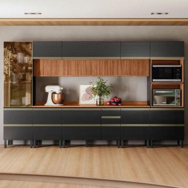 Imagem de Cozinha Completa Proença 9 Gavetas 12 Portas com Vidro Ripado Dp3701rp Nogueira/Carbono Prime - Demobile