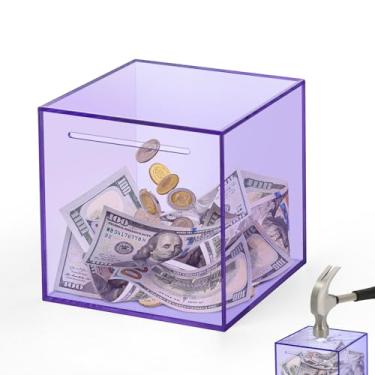Imagem de Cofrinho transparente para adultos e crianças – Caixa de acrílico para dinheiro e moedas, deve quebrar para abrir, cofrinho não aberto para meninos e meninas (roxo, 12 cm)