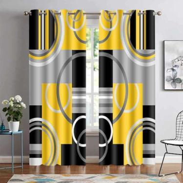 Imagem de Cortinas blackout geométricas cinza amarelo para quarto, cortina de escurecimento de ambiente xadrez abstrata moderna cinza branco para sala de estar, 2 painéis, 107 x 213 cm de comprimento