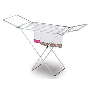 Imagem de Varal de Chão com Abas Premium em Aço EP369 Utimil, Varal Branco e Ponteiras (pezinhos) Azuis