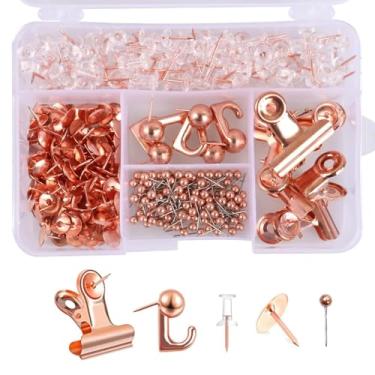 Imagem de Conjunto de 310 pinos de pressão, 5 estilos de grampos de polegar planos grampos decorativos para quadro de cortiça, quadro de avisos, acessórios de parede de escritório (ouro rosa)